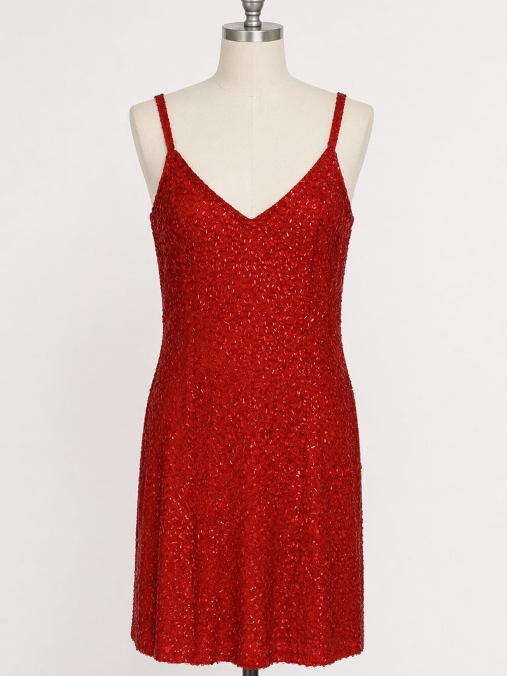 Vintage 90s Red 100% Silk Floral Beaded Sequin Mini Dress Size 2 chic party y2k